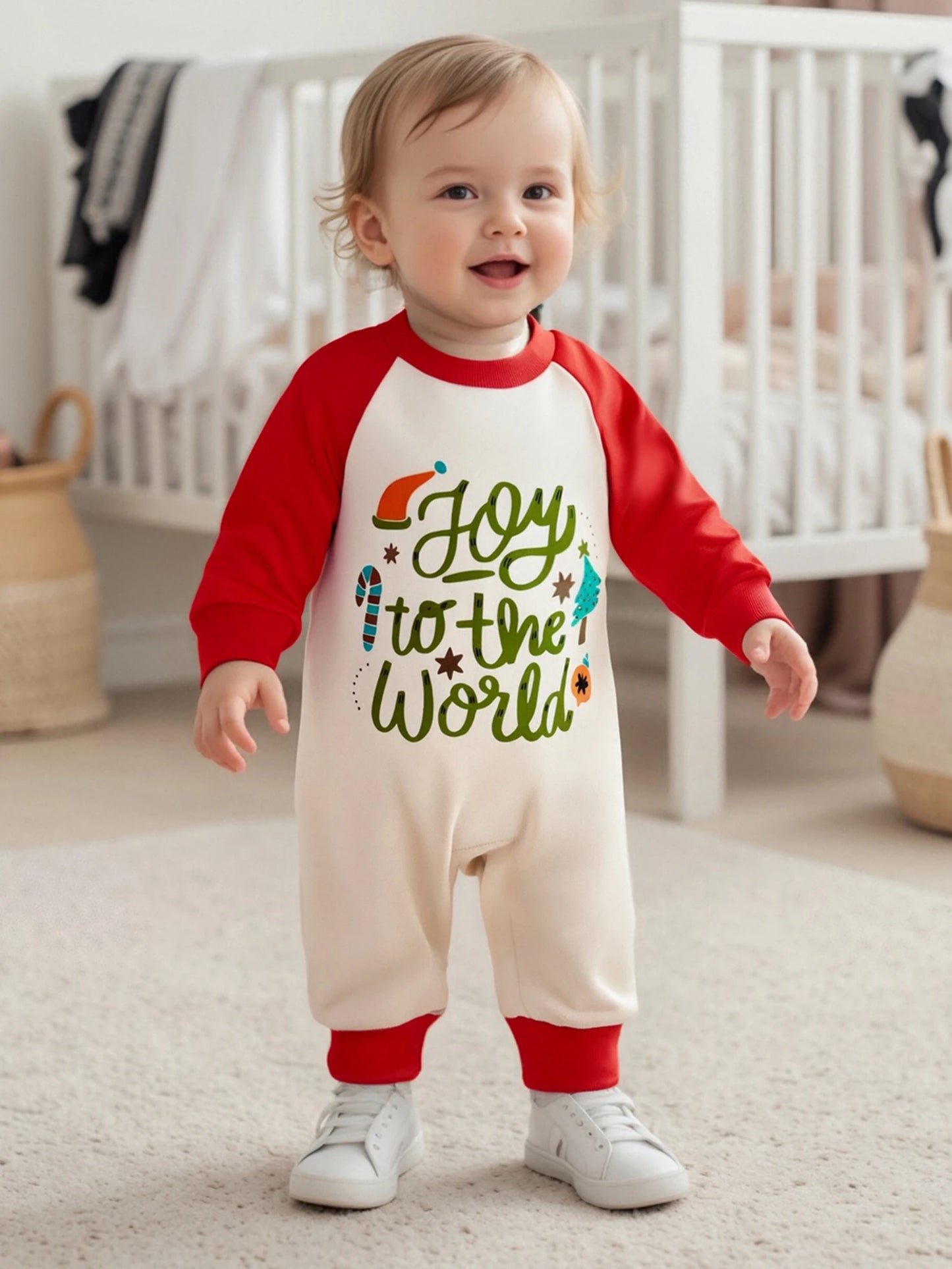 Baby Boys Girls Joy To The World Christmas Romper Letter Tree Long Raglan Sleeve Crewneck Jumpsuit Winter Clothes