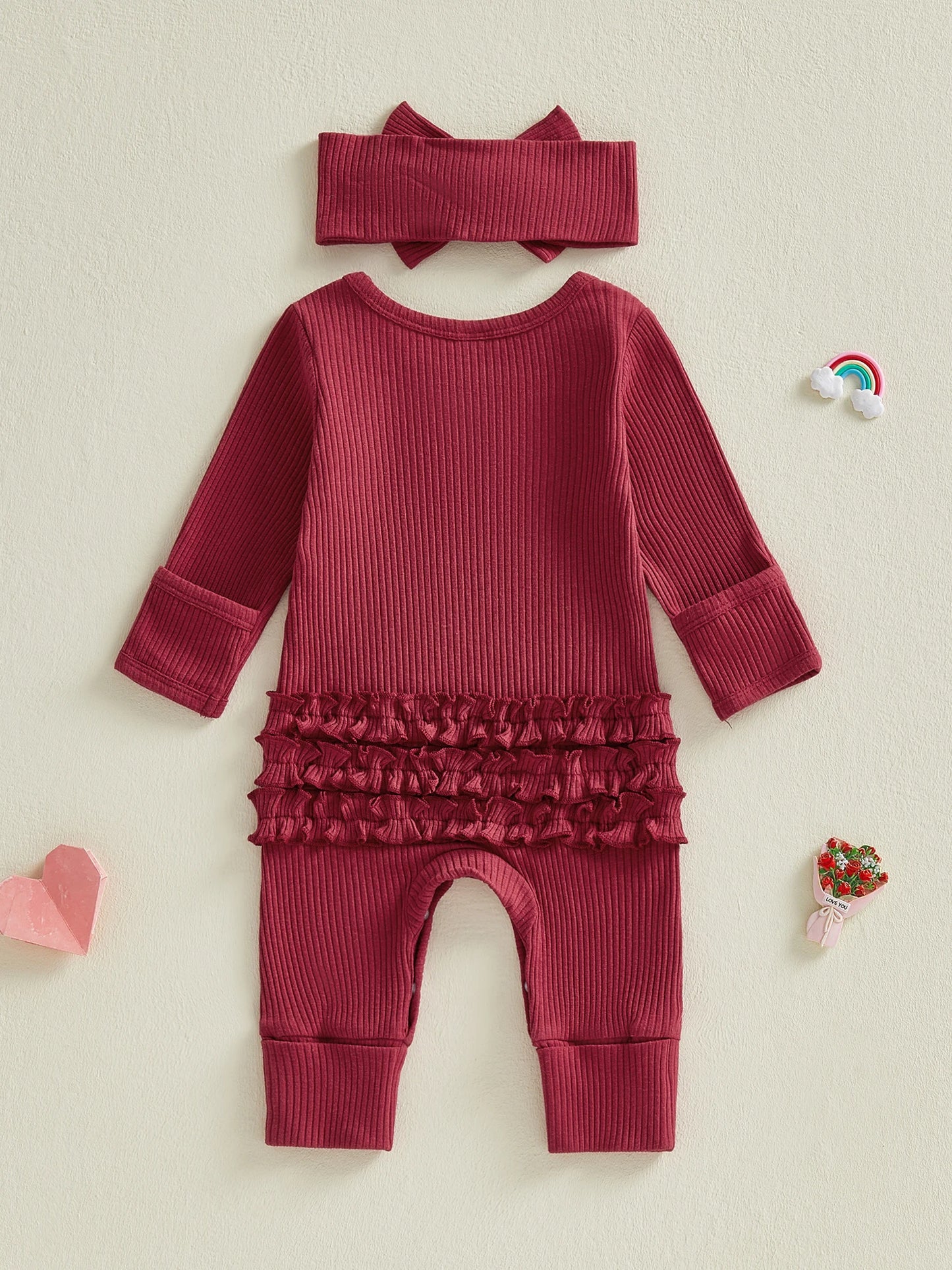 Baby Girls 2Pcs My 1st Valentine's Outfit Letter Embroidered Long Sleeve Romper and Bow Headband Set