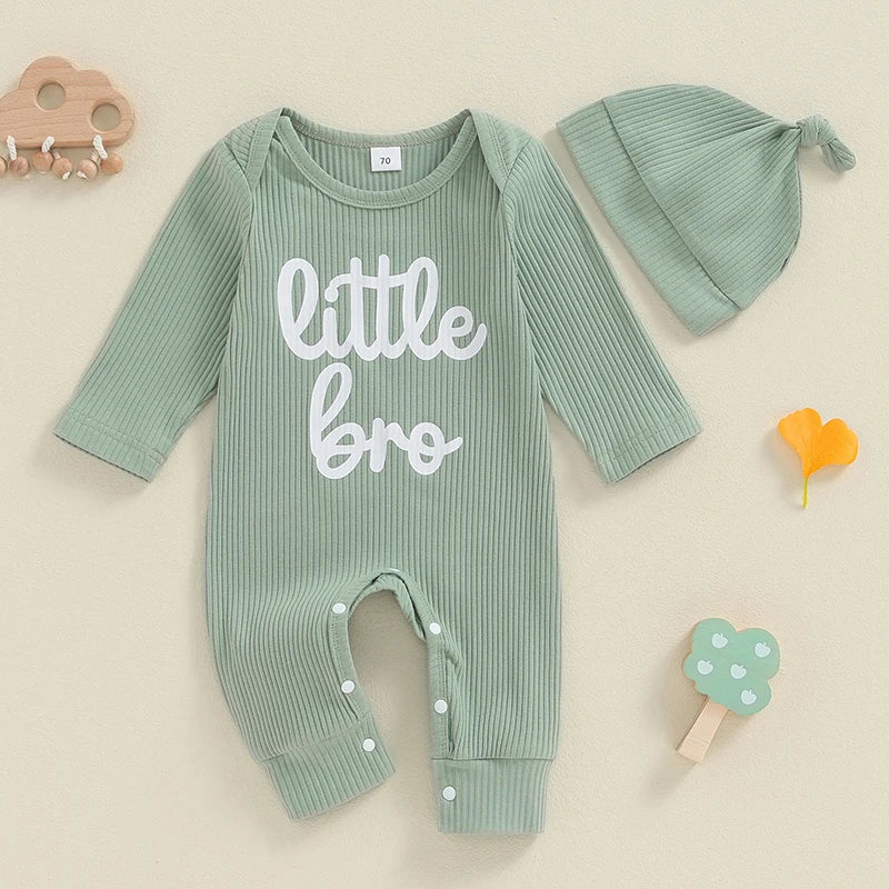 Baby Boys 2Pcs Little Bro Jumpsuit Set Long Sleeve Crew Neck Letters Print Romper with Hat Fall Outfit