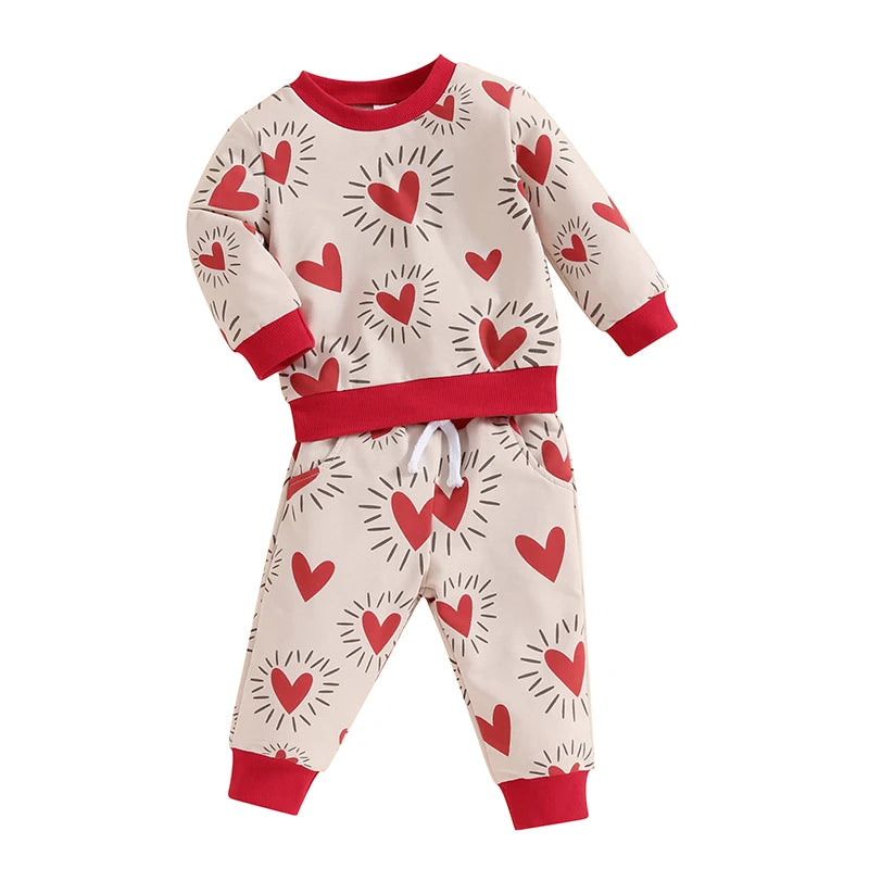 Toddler Baby Boy Girl 2Pcs Valentine’s Day Outfit Long Sleeve Heart Top + Pants Set