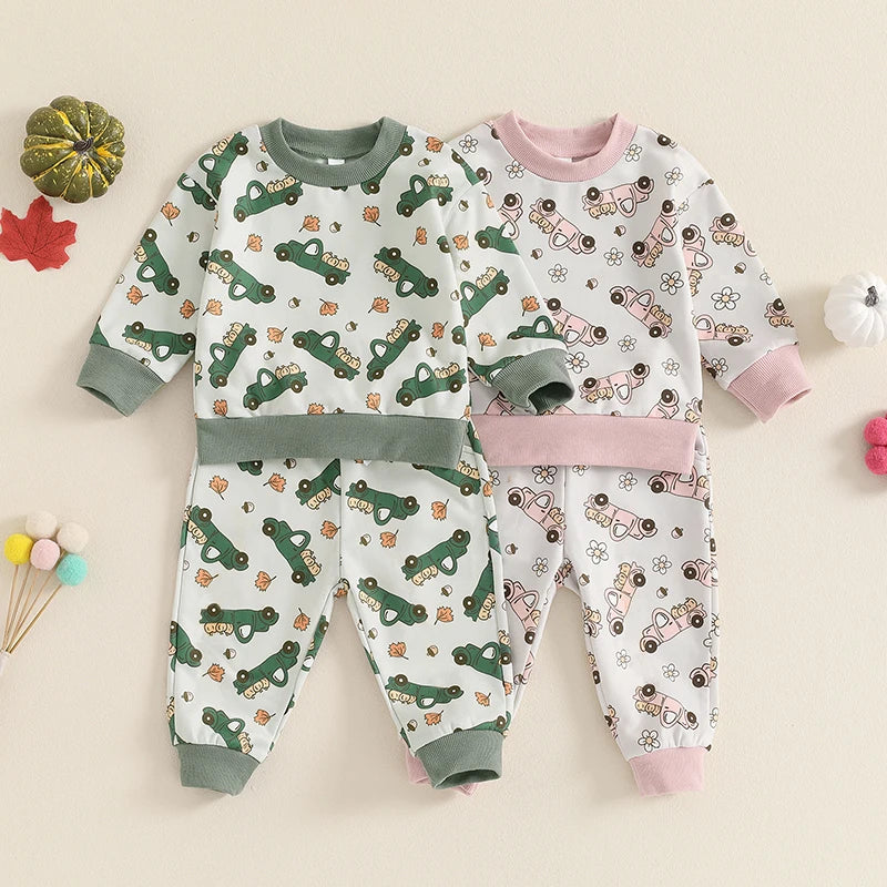 Baby Toddler Girls Boys 2Pcs Fall Outfit Truck Print Long Sleeve Crew Neck Top and Pants Set