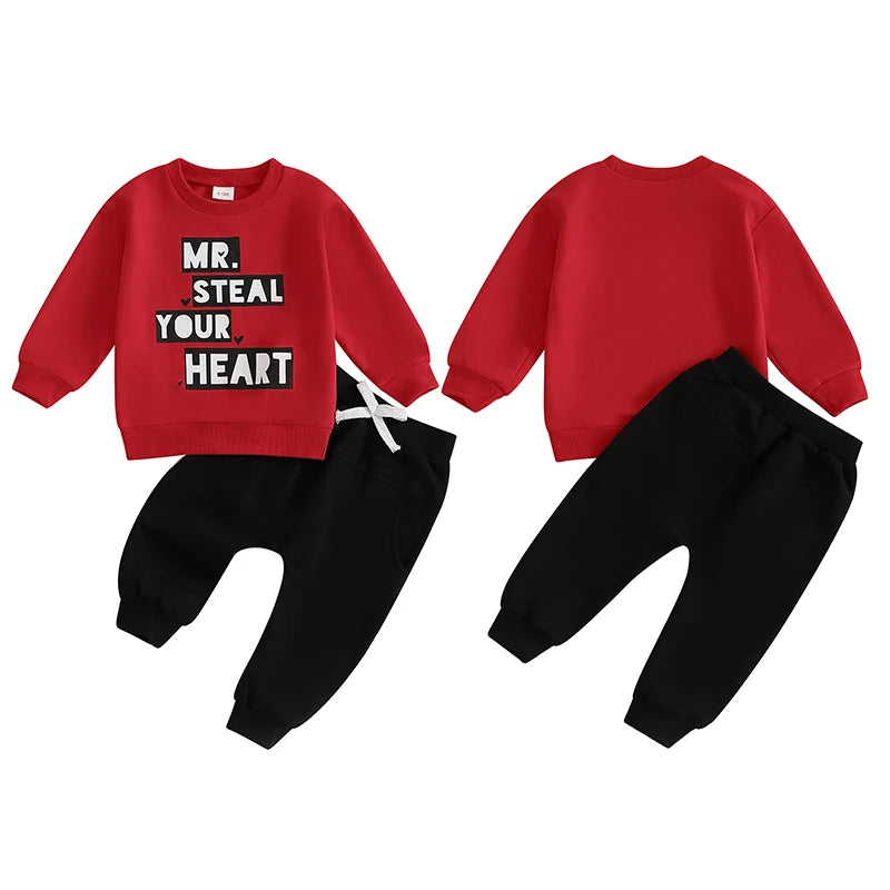 Baby Toddler Boys 2Pcs Mr. Steal Your Heart Outfit Long Sleeve Letters Print Crewneck Top with Pants Valentine’s Day Jogger Set