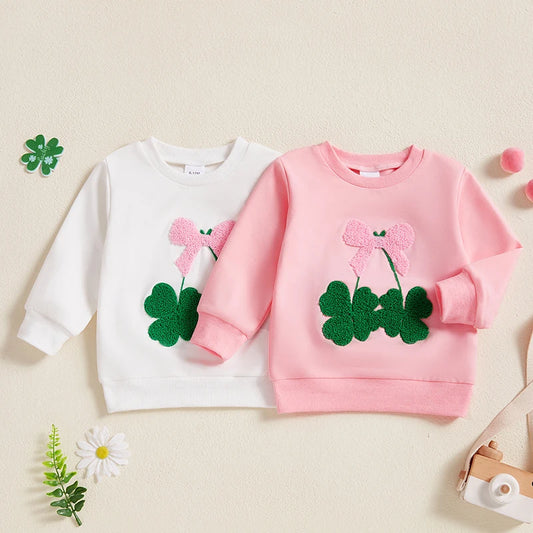 Baby Toddler Girls St. Patrick's Day Irish Bow Four Leaf Clover Embroidery Long Sleeve Pullover Top Casual Spring Clothes