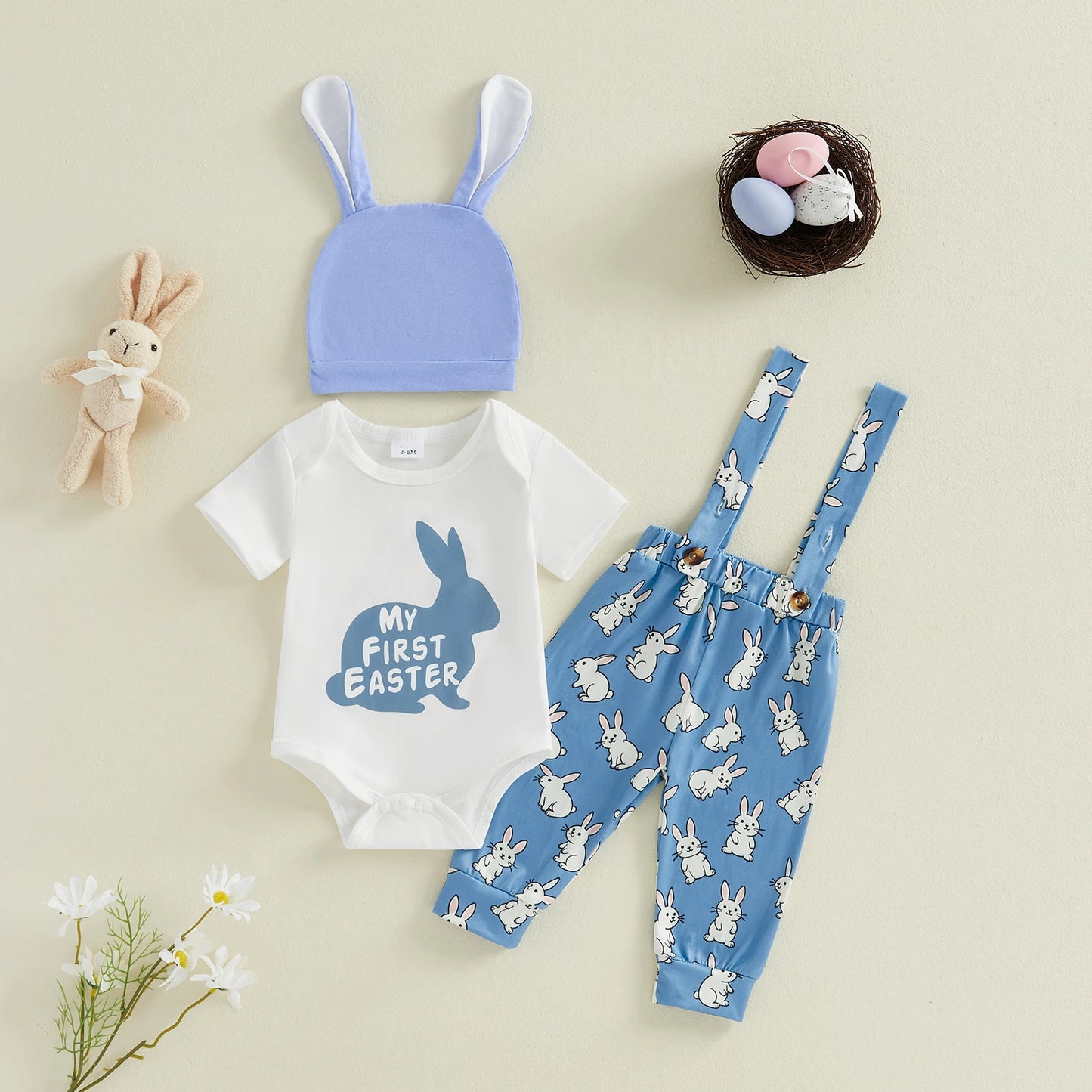 Baby Boy Girls 3Pcs Easter Outfits Cute Short Sleeve Round Neck Rabbit Letter My First Easter Print Jumpsuit Overalls and Hat Set