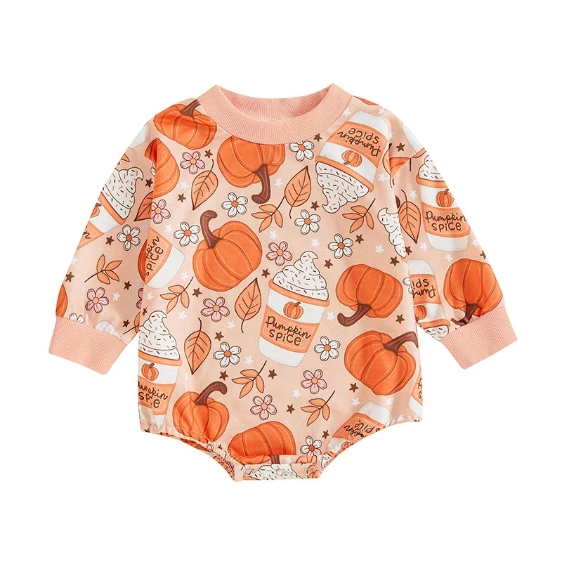 Baby Girl Halloween Fall Thanksgiving Romper Pumpkin Latte Flowers Floral Print Round Neck Long Sleeve Bubble Jumpsuit