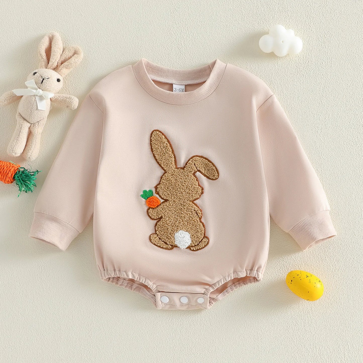 Baby Boys Girls Easter Romper Fashionable Cute Bunny Embroidery Long Sleeve Jumpsuit