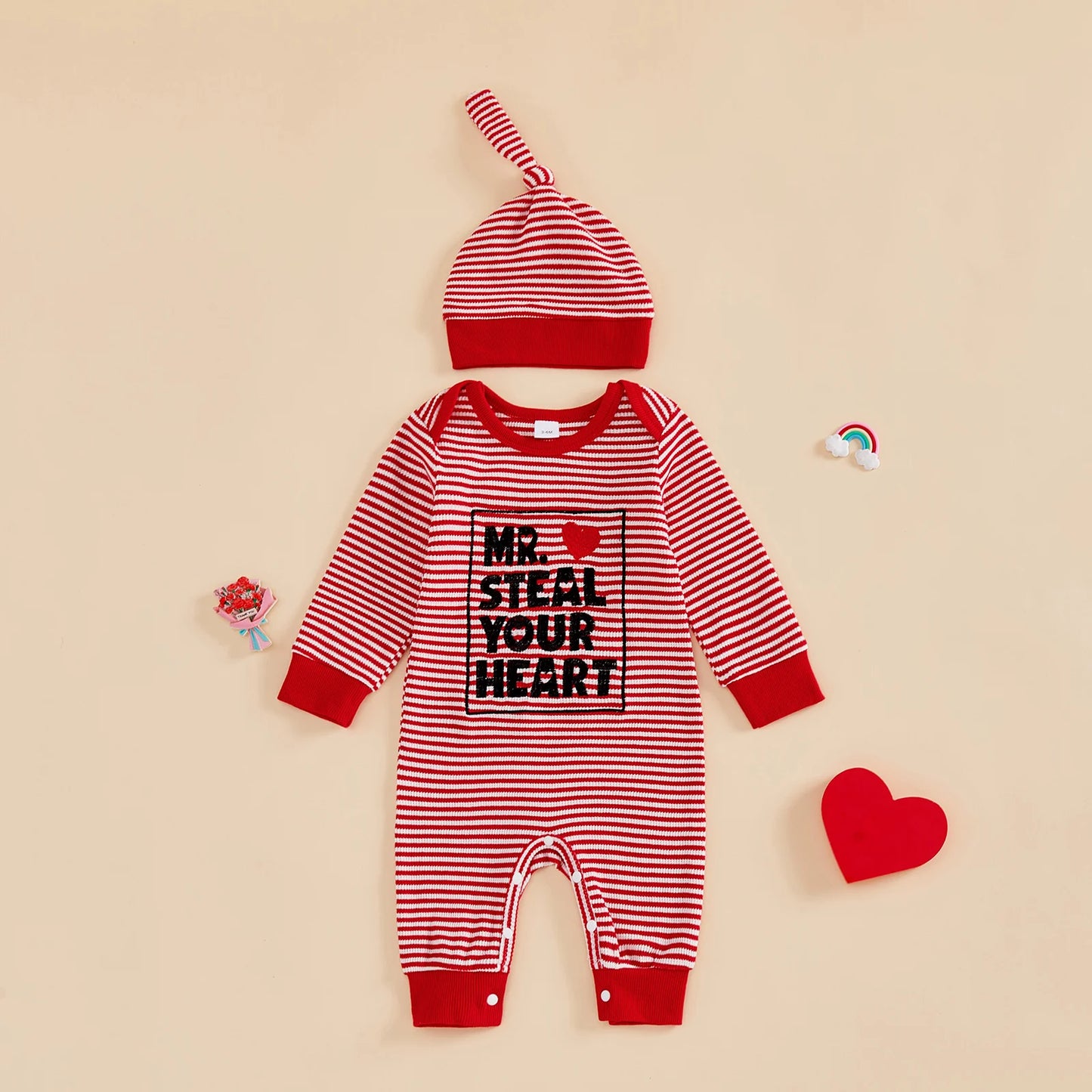 Baby Boys 2Pcs Valentine's Day Mr. Steal Your Heart / Mommy Is My Valentine Jumpsuit Set Long Sleeve Crew Neck Stripes Letters Romper with Hat Outfit