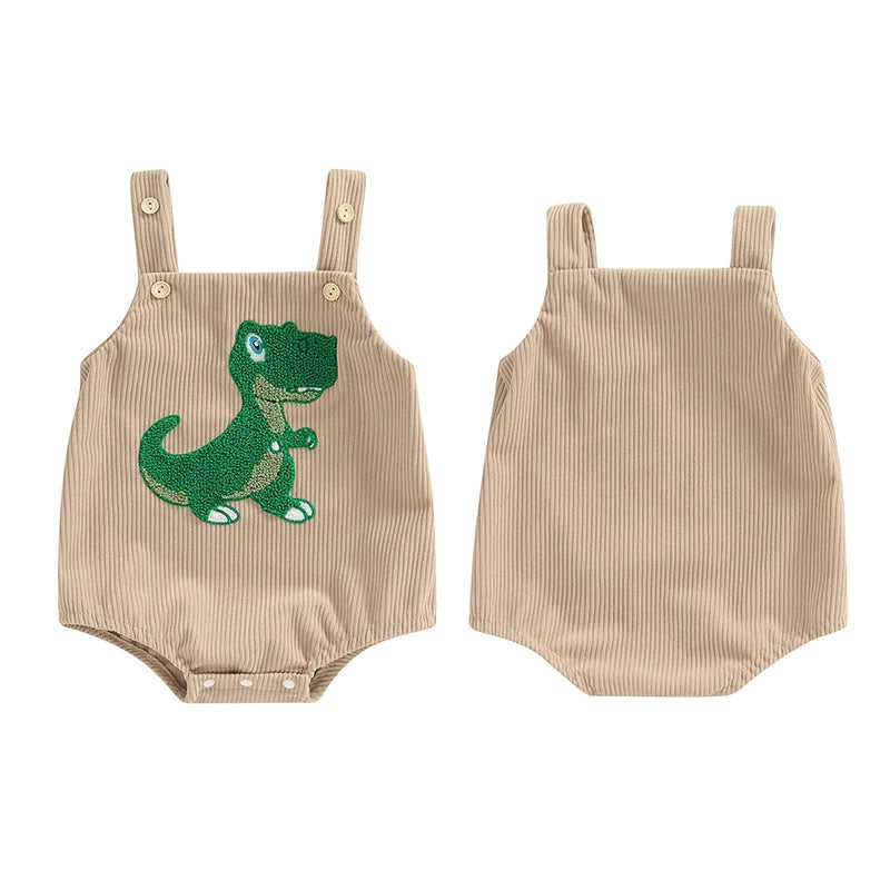 Baby Girls Boys Summer Romper Sleeveless Dinosaur Shark Rainbow Embroidery Button Ribbed Tank Top Overalls Romper