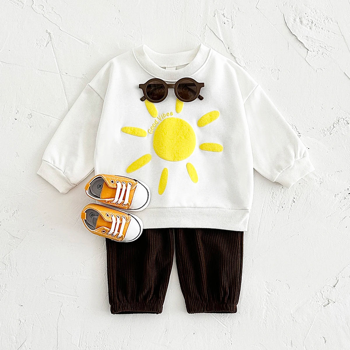 Baby Toddler Girls Boys 2Pcs Set Flowers / Waves / Sun Good Vibes Letters Print Pullover Long Sleeve Crewneck Top + Corduroy Pants Outfit