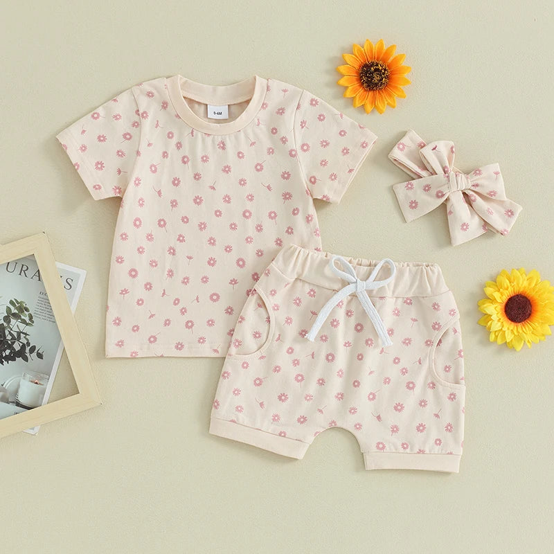 Toddler Baby Girls 3Pcs Clothes Set Floral Print Short Sleeve Top with Shorts and Headband Summer Outfit