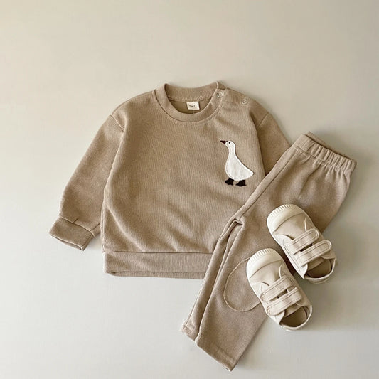 Baby Toddler Boys Girl 2Pcs Jogger Set Long Sleeve Goose / Bear Embroidery Cotton Top + Pants Outfit