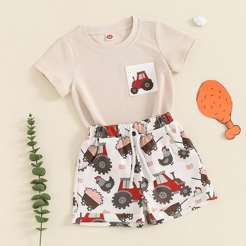 Baby Toddler Boys 2Pcs Clothes Set Tractor Print Short Sleeve Top with Elastic Waist Shorts Set Summer Outfit