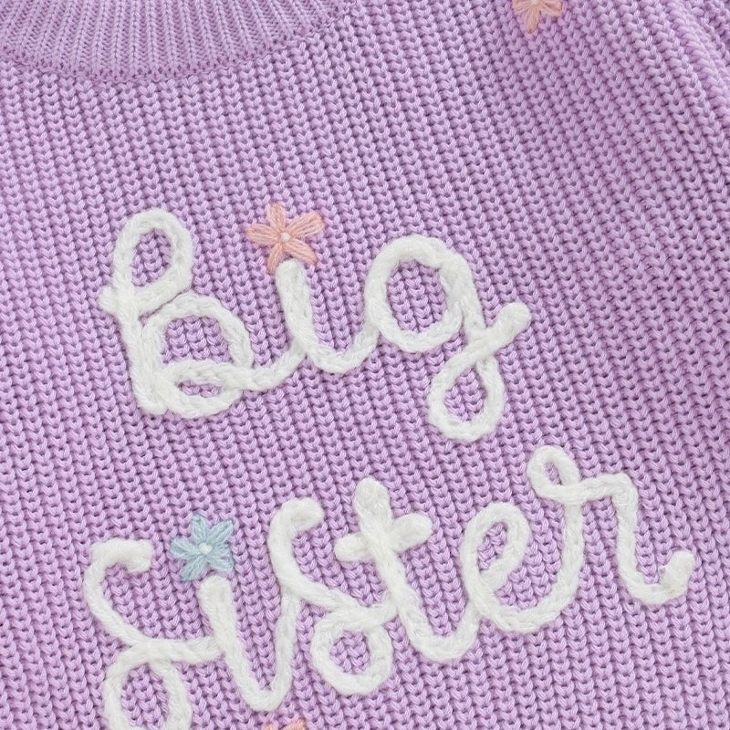 Toddler Kids Girl Big Sister Sweater Cute Long Sleeve Letter Embroidery Knit Pullover Loose Top