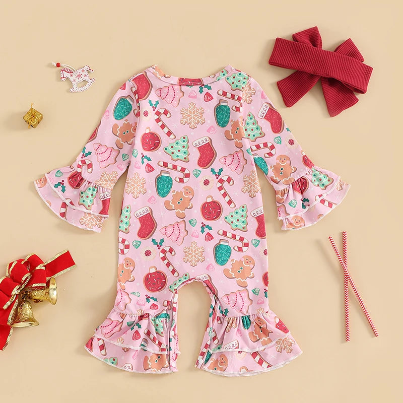 Baby Girls 2Pcs Romper Christmas Print Long Sleeve Jumpsuits Flare Sleeve and Pant and Cute Headband Set Infant Outfits