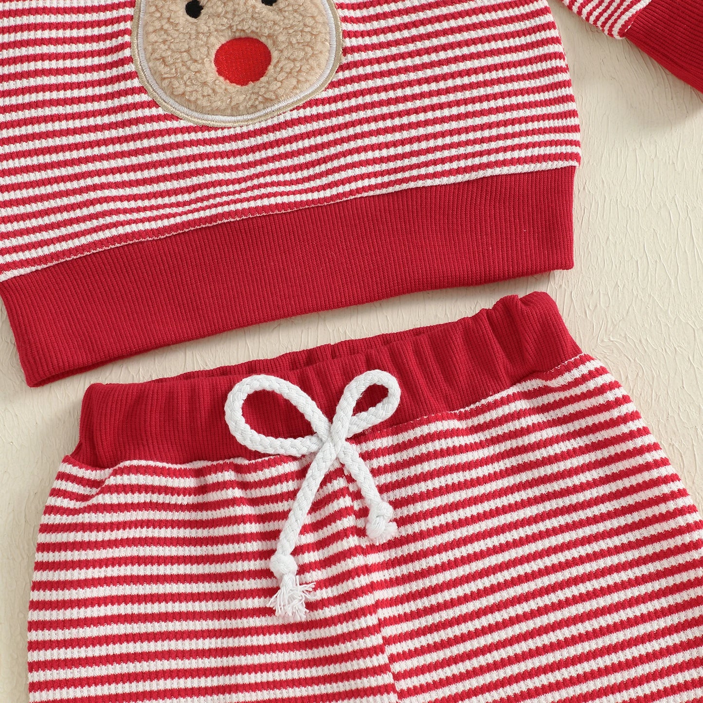 Baby Toddler Boys Girls 2Pcs Christmas Outfit Reindeer Embroidery Stripe Long Sleeve Round Neck Pullover Top + Elastic Waist Long Pants Jogger Set