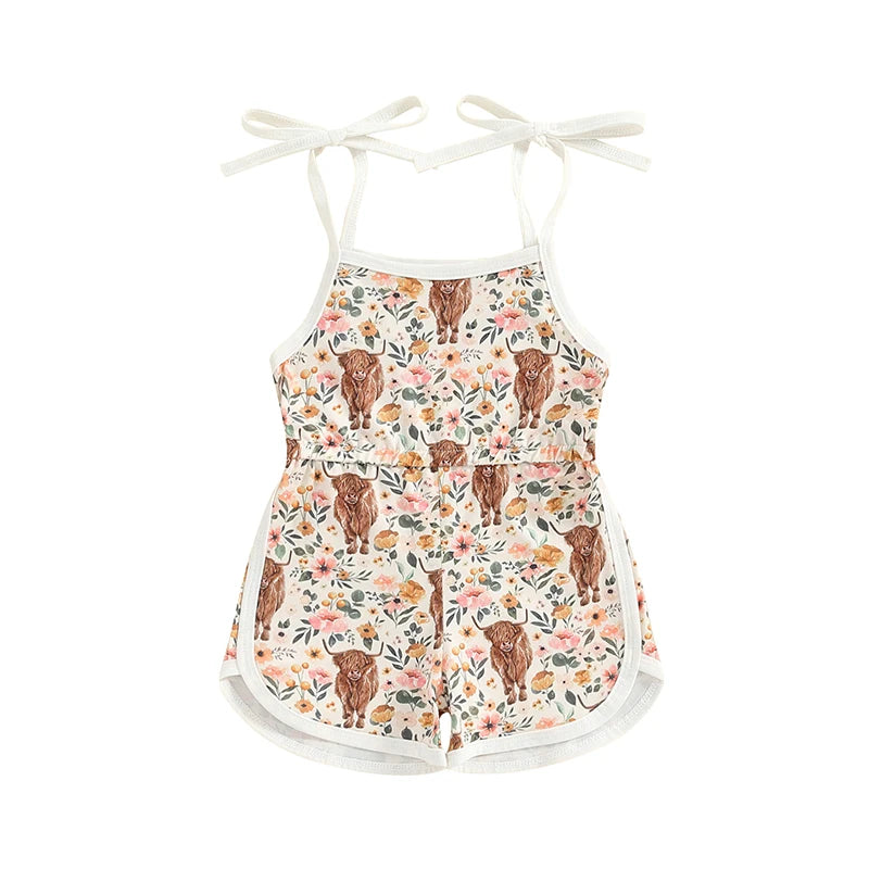 Baby Toddler Girl Western Shorts Romper Floral Flowers Cattle Highland Cow Print Sleeveless Sling Tie-Up Tank Top Overalls Jumpsuit