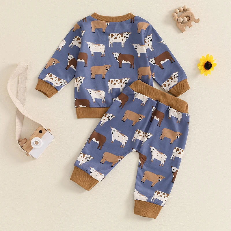 Baby Toddler Boys 2Pcs Cow Print Long Sleeve Crew Neck Top with Elastic Waist Pants Clothes Outfit Set