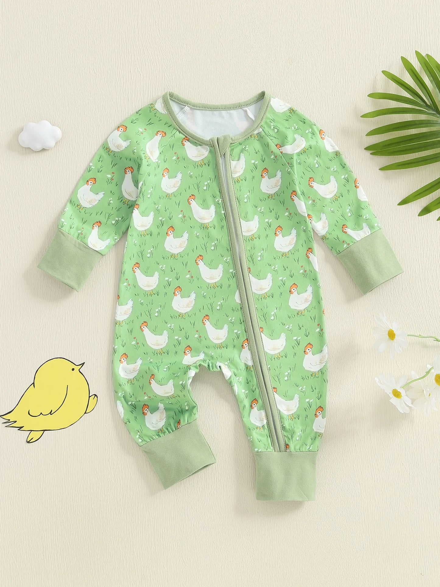 Baby Girl Boy Chicken Print Jumpsuit Long Sleeve Round Neck Zipper Romper
