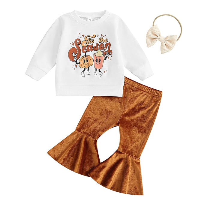 Toddler Baby Girls 3Pcs Fall Outfits Long Sleeve Tis The Season Tops Velvet Pants Headband Set