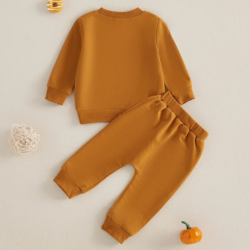 Baby Toddler Girl Boy 2Pcs Homemade Rolls Fall Thanksgiving Outfit Letter Embroidery Long Sleeve Top with Solid Pants Jogger Set