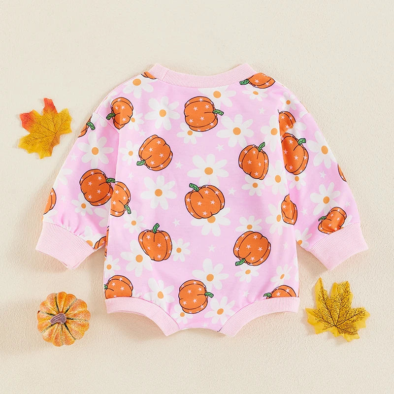 Baby Girls Halloween Romper Long Sleeve O Neck Pumpkin Flower Print Bubble Romper