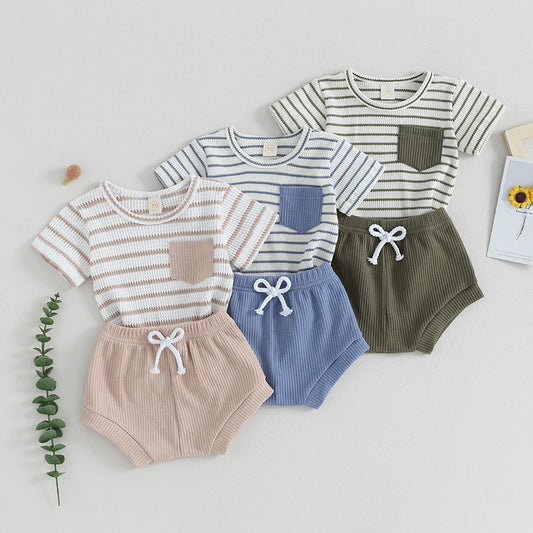 Baby Toddler Boy Girl 2Pcs Spring Summer Outfit Waffle Striped Short Sleeve Pocketed Top Solid Color Shorts Spring Clothes Set