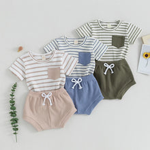 Load image into Gallery viewer, Baby Toddler Boy Girl 2Pcs Spring Summer Outfit Waffle Striped Short Sleeve Pocketed Top Solid Color Shorts Spring Clothes Set
