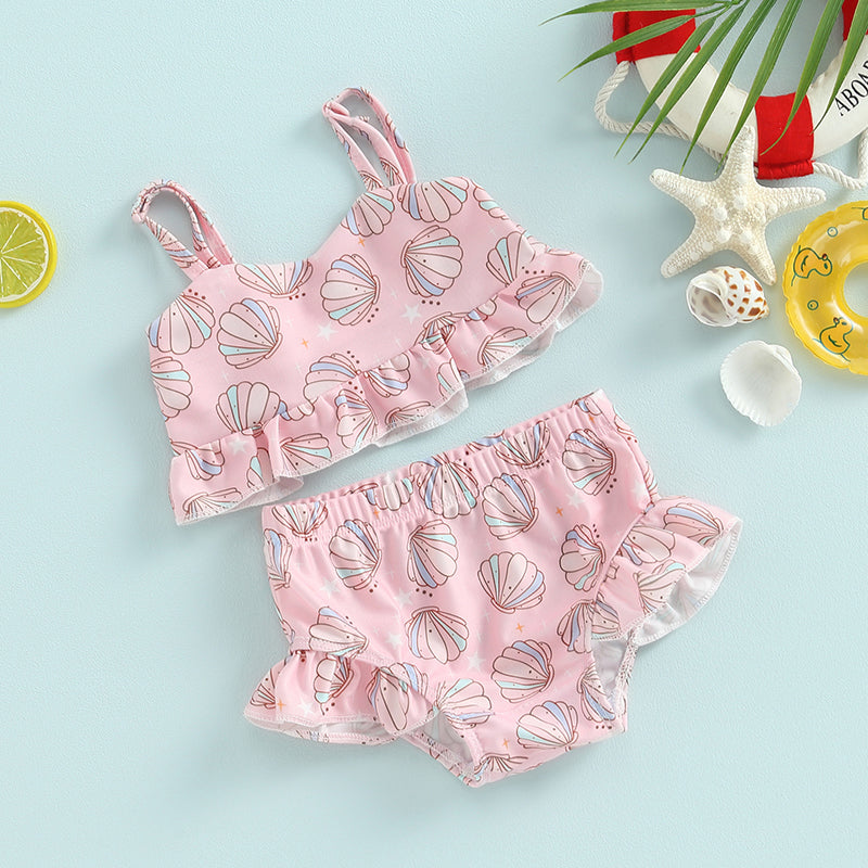 Baby Toddler Girls 2Pcs Bikini Sets Scale/Shell/Floral Print Sleeveless Tank Top and Bottoms Bathing Suit Set