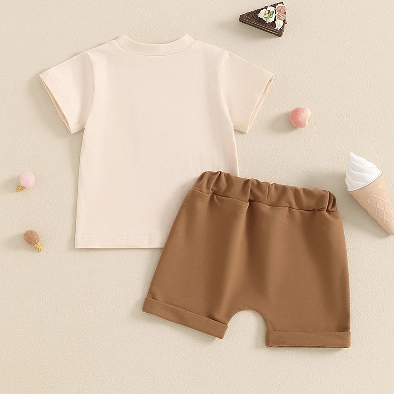 Baby Toddler Girl Boy 2Pcs Summer Outfit Ice Cream Embroidery Short Sleeve Top and Elastic Shorts Set