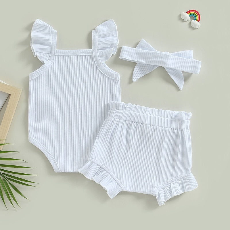 Baby Toddler Girls 3Pcs Flutter Sleeve Solid Romper Tops Drawstring Short Pants Headband Outfit