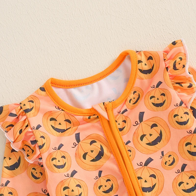 Baby Girls Halloween Romper Pumpkin Print Ruffle Trim Long Sleeve Full Length Zipper Jumpsuit for Fall