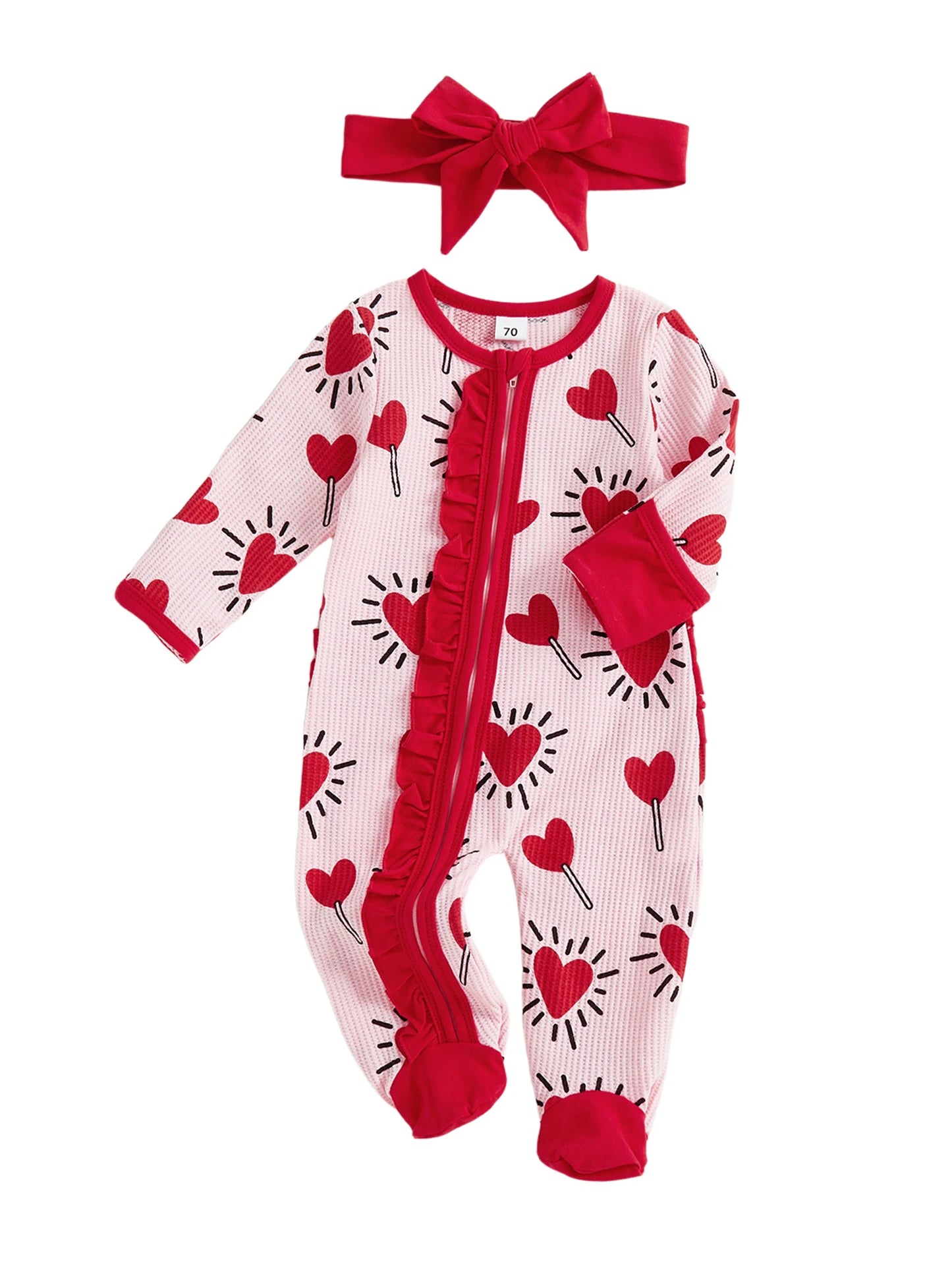 Baby Girl 2Pcs Valentines Day Zipper Romper Heart Candy Pattern Long Sleeve Zip Up Round Neck Footed Jumpsuit with Bow Headband Set