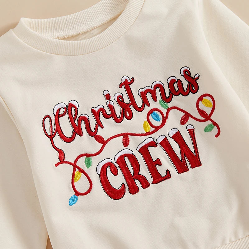 Baby Toddler Boys Girls Christmas Crew Letter Lights Embroidered Long Sleeve Round Neck Pullover Top