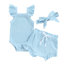 Load image into Gallery viewer, Baby Toddler Girls 3Pcs Flutter Sleeve Solid Romper Tops Drawstring Short Pants Headband Outfit
