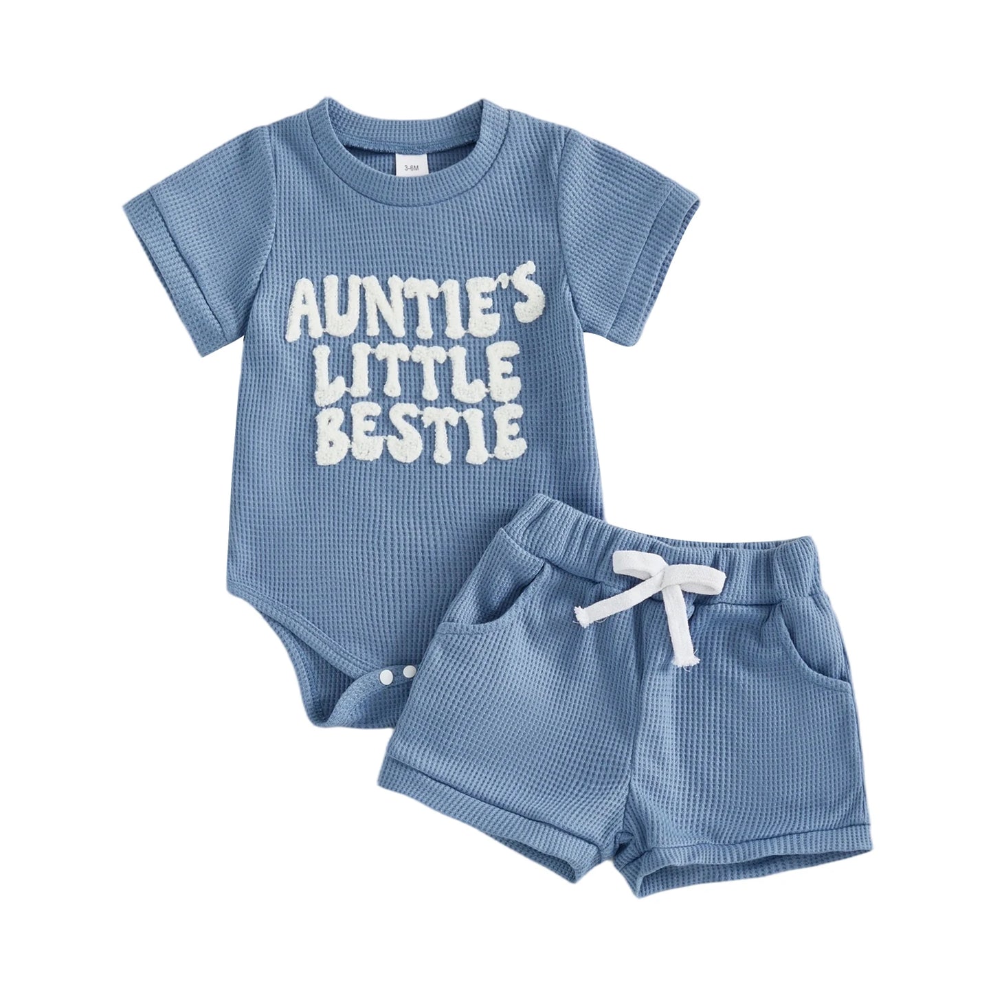 Baby Boy Girl 2Pcs Summer Clothes Mama's Boy / Auntie's Little Bestie Letter Embroidery Short Sleeve Romper Shorts 2 Pcs Outfit Set