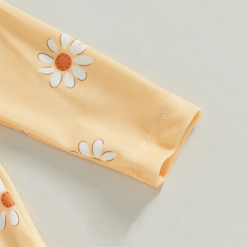 Baby Toddler Girls 2Pcs Swimsuit Daisy Flower Print Long Sleeve Round Neck Swimwear Front Zipper Bathing Suit and Hat Set