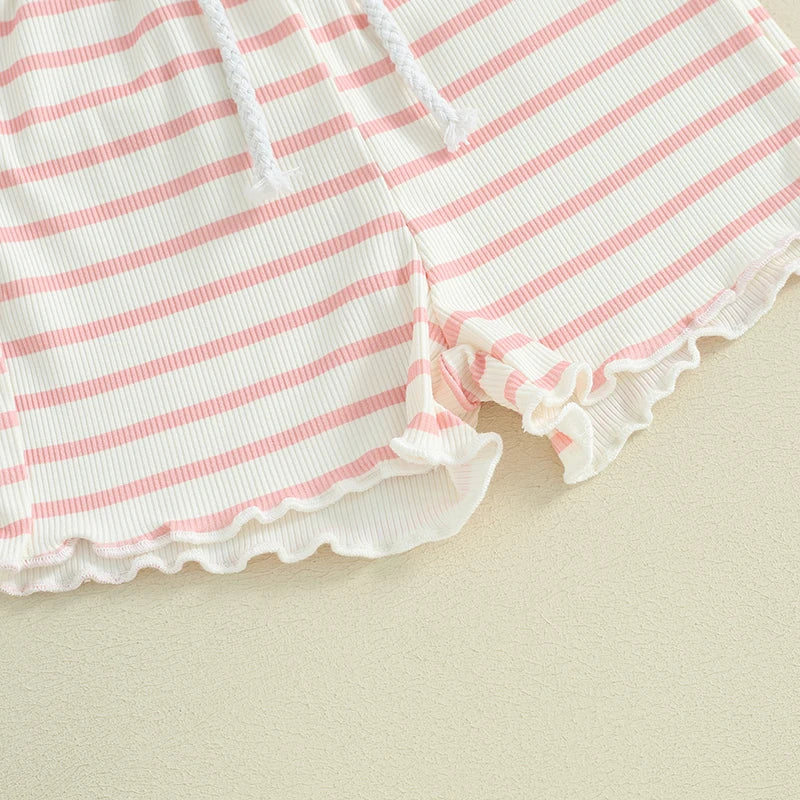 Toddler Baby Girl 2Pcs Summer Stripes Outfit Waffle Frilly Short Sleeve Top Shorts Set