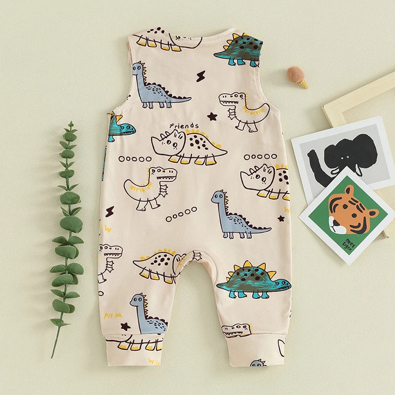 Baby Boys Summer Casual Jumpsuit Sleeveless Dinosaur Cartoon Print Button Romper