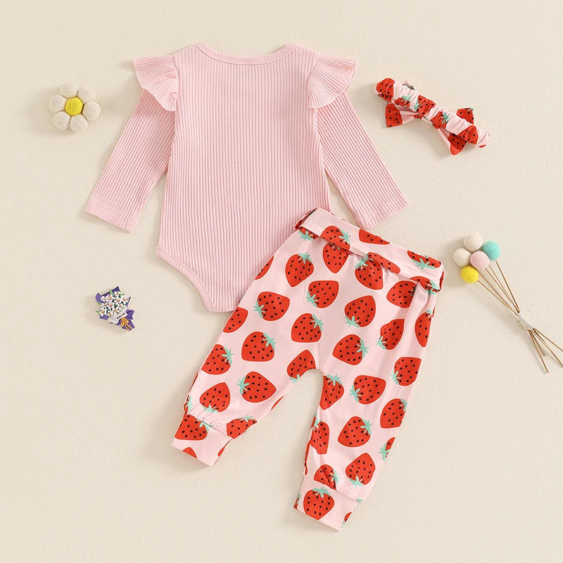 Baby Girls 3Pcs Fall Outfit Ribbed Long Sleeve Romper with Floral / Strawberry Pattern Pants and Headband Set