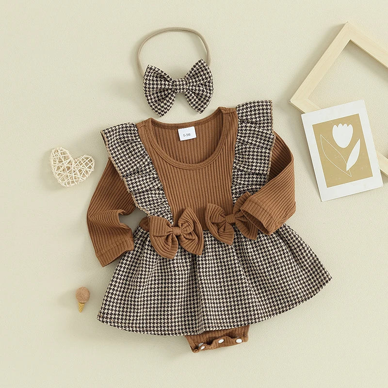 Baby Girls 2Pcs Autumn Romper Dress Long Sleeve Ruffle Houndstooth / Plaid Print Romper Overall Skirt With Headband Set