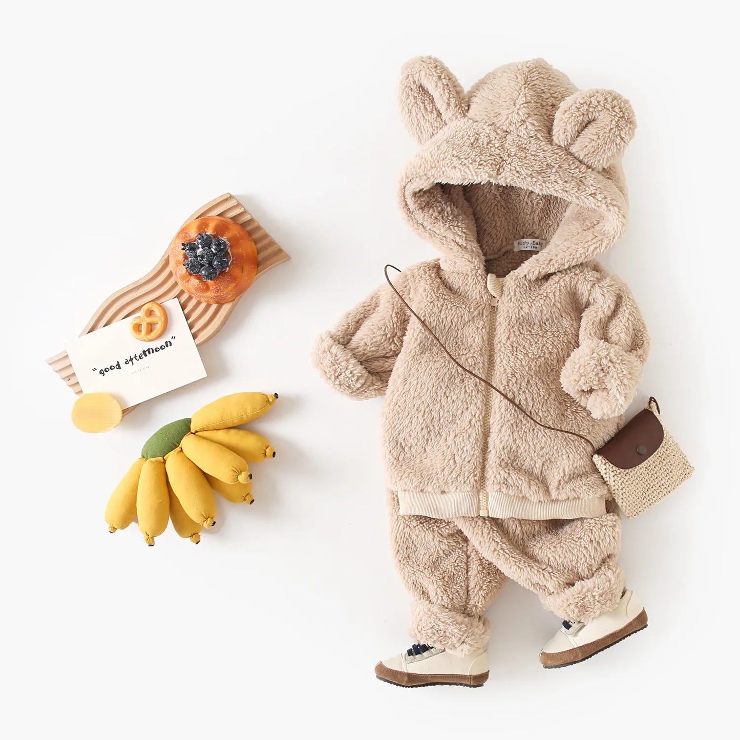 Baby Toddler Boy Girl 2Pcs Bear Winter Clothes Set Zipper Hooded Top with Ears Pant Suit Thick Warm Fleece Two Piece Jogger Set Outfit