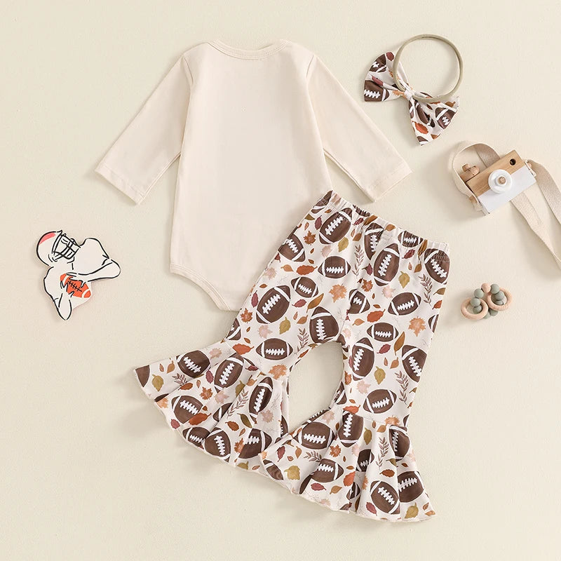 Baby Girls 3Pcs Tis' The Season Fall Outfit Football Print Long Sleeve Romper and Elastic Flared Pants Headband Set