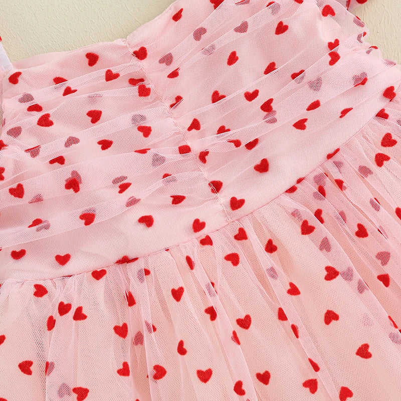 Baby Toddler Girl Valentine’s Day Dress Heart Print Short Puff Sleeve Tulle Princess