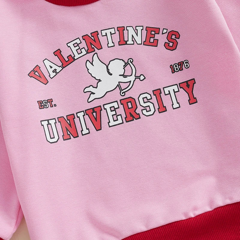 Baby Toddler Girls Valentine’s Day Long Sleeve Valentines University Cupid / I Love You Heart Letter Print Pullover Top