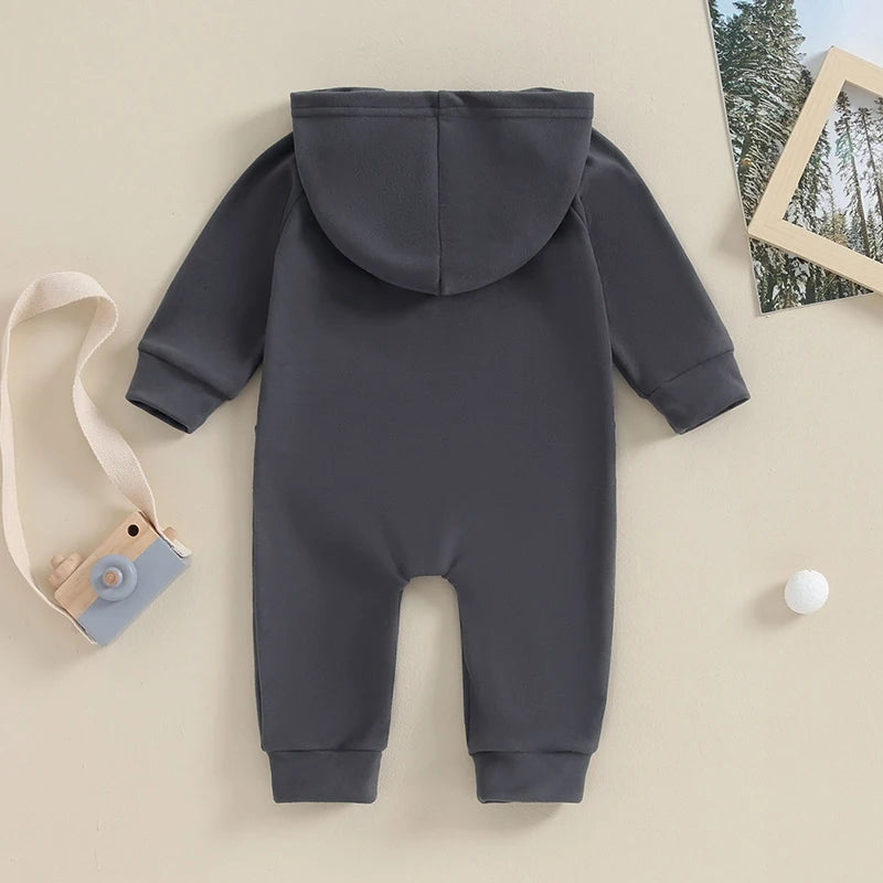 Baby Boy Girl Zipper Romper Long Sleeve Hooded Jumpsuit Solid Color Warm Bodysuit