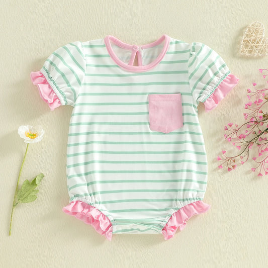 Baby Girl Striped Romper Ruffle Trim Short Sleeve Crewneck Jumpsuit Casual Summer Spring Clothes