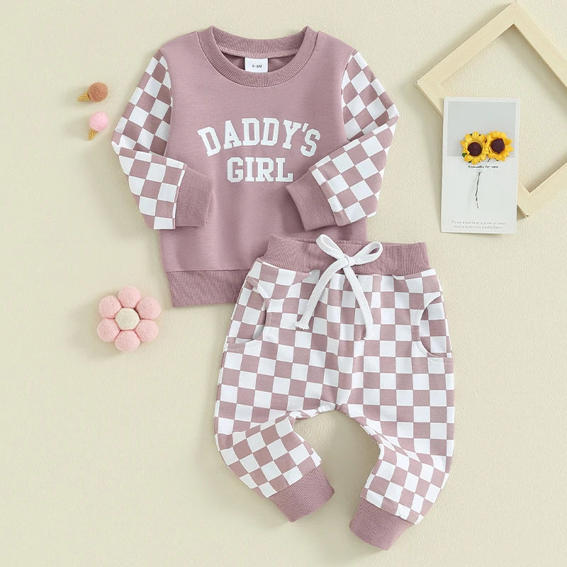 Toddler Baby Girl 2Pcs Daddy‘s Girl Letters Print Checkered Pattern Long Sleeve Crewneck Top Jogger Pants Set Outfit