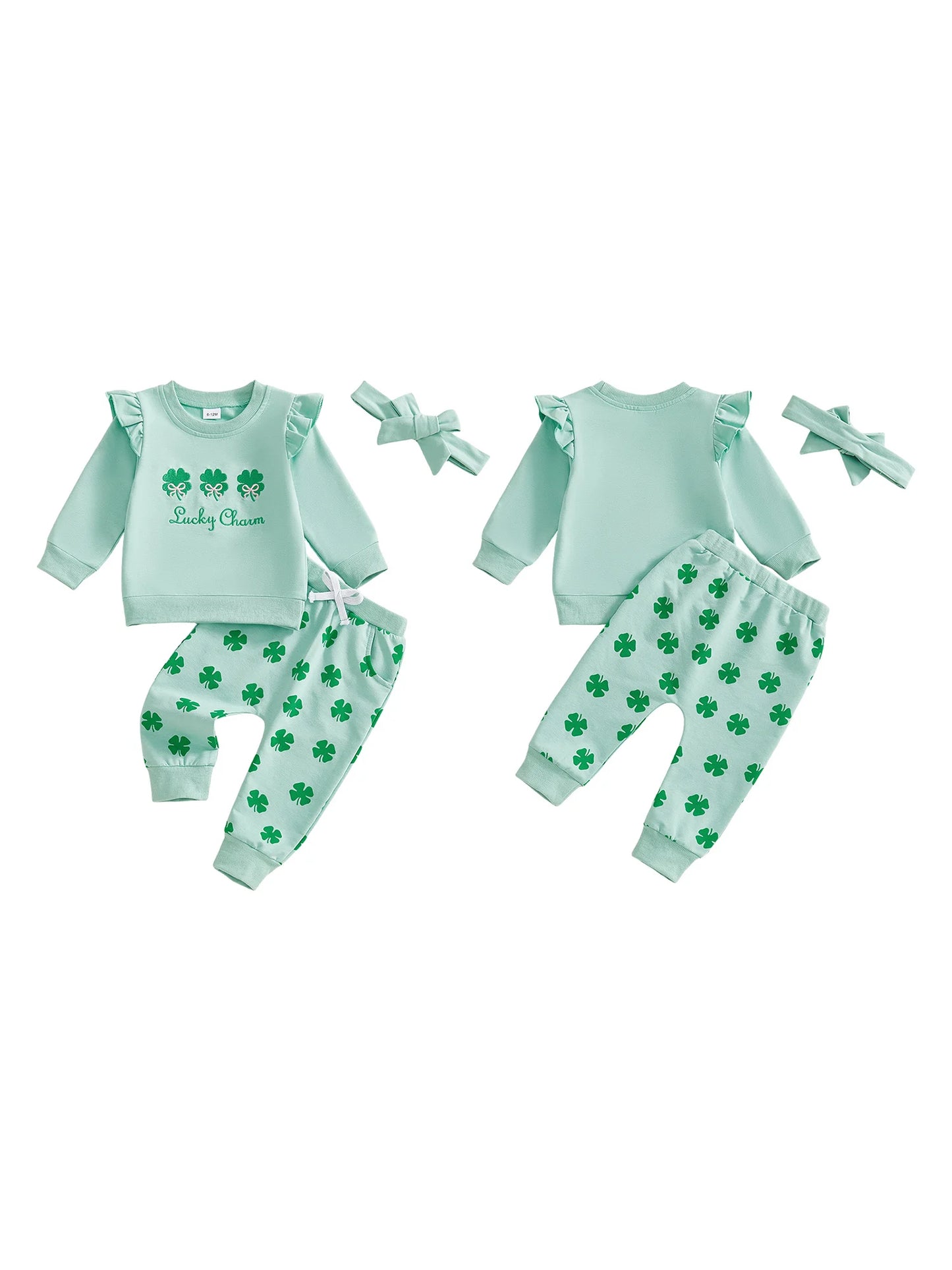 Baby Toddler Girls 3Pcs Lucky Charm Shamrock Print Long Sleeve Top with Pants Headband Clothing Set