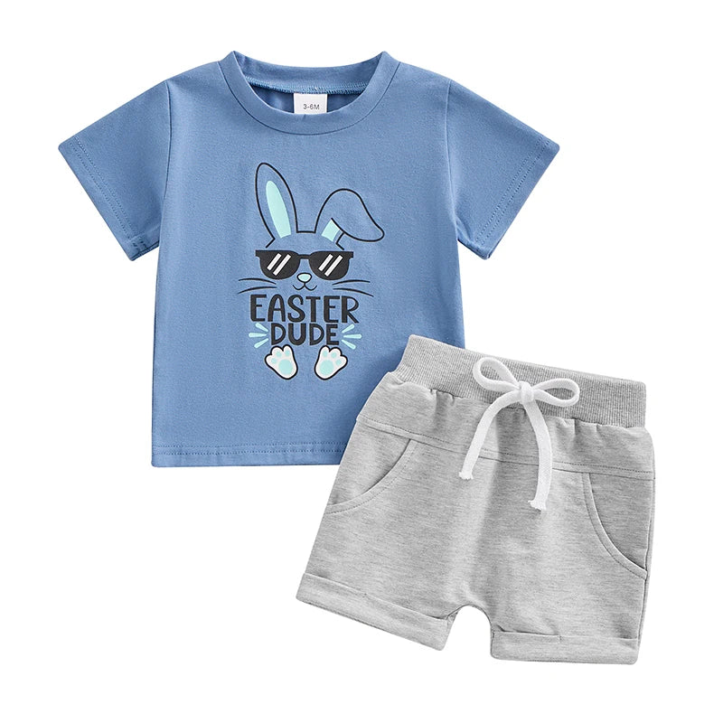 Baby Toddler Boys 2Pcs Outfits Easter Bunny Rabbit Sunglasses Easter Dude Letters Print Short Sleeve T-Shirt and Elastic Shorts Clothes Set