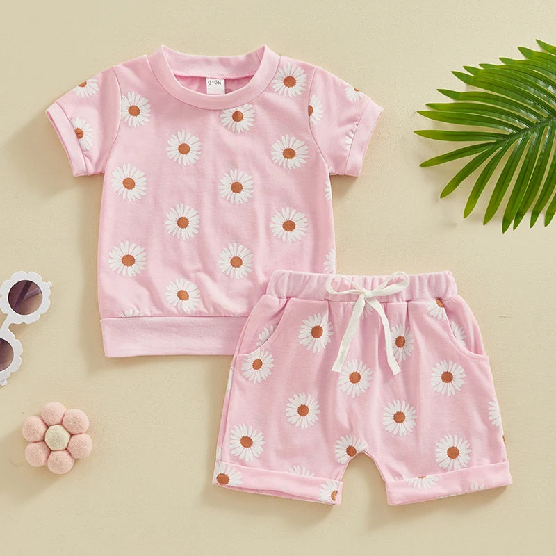 Baby Toddler Girls 2Pcs Spring Summer Clothes Short Sleeve Daisy Flower Print Crew Neck Top Elastic Rolled Shorts Set Outfit